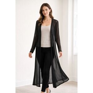 Womens Black Sheer Mesh Longline Cardigan Duster Open Front Lightweight Size M